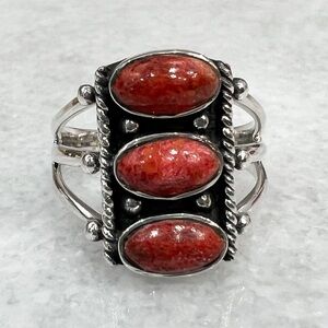 Santa Fe Style Red Coral Double Split Band Sterling Silver BOHO Trilogy Ring Sz9